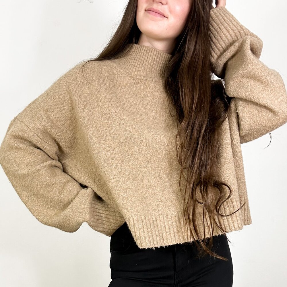 *Polly Cropped Tan Wide Long Sleeve Sweater